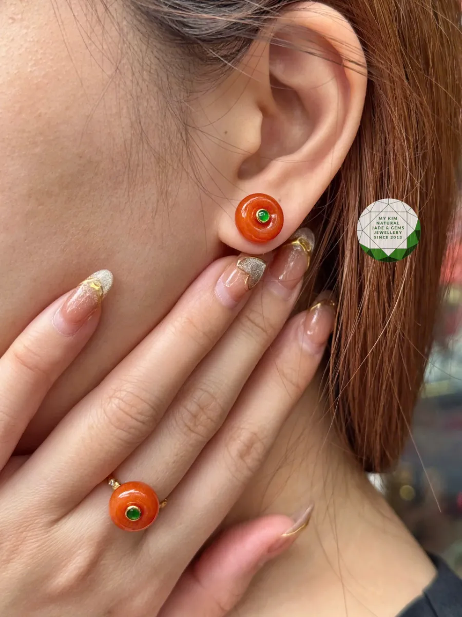 💍 Set Trang Sức Đồng Điếu Ngọc Phỉ Thúy Cam Hoàng Huyết – Đỏ Cam & Xanh Hoàng Đế | Vàng 14k–18k