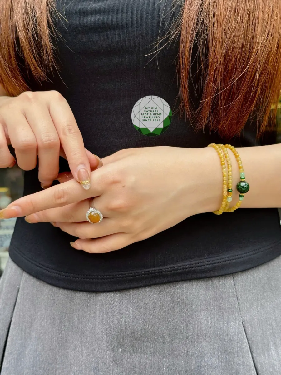 Nhẫn Ngọc Phỉ Thúy Hồng Phỉ Cam Vàng – Vàng Trắng 14k Đính Moissanite Cao Cấp