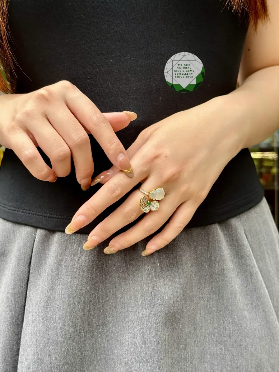 Nhẫn Hồ Lô Băng Ngọc Phỉ Thúy Jadeite - Vàng 18k - Kim cương Moissanite - Kèm Kiểm Định