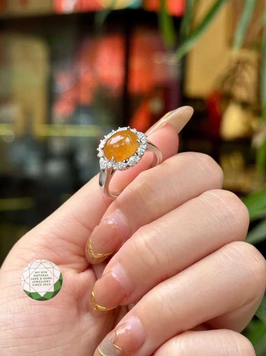 Nhẫn Ngọc Phỉ Thúy Hồng Phỉ Vàng Trắng 14k đính Kim cương Moissanite VIP