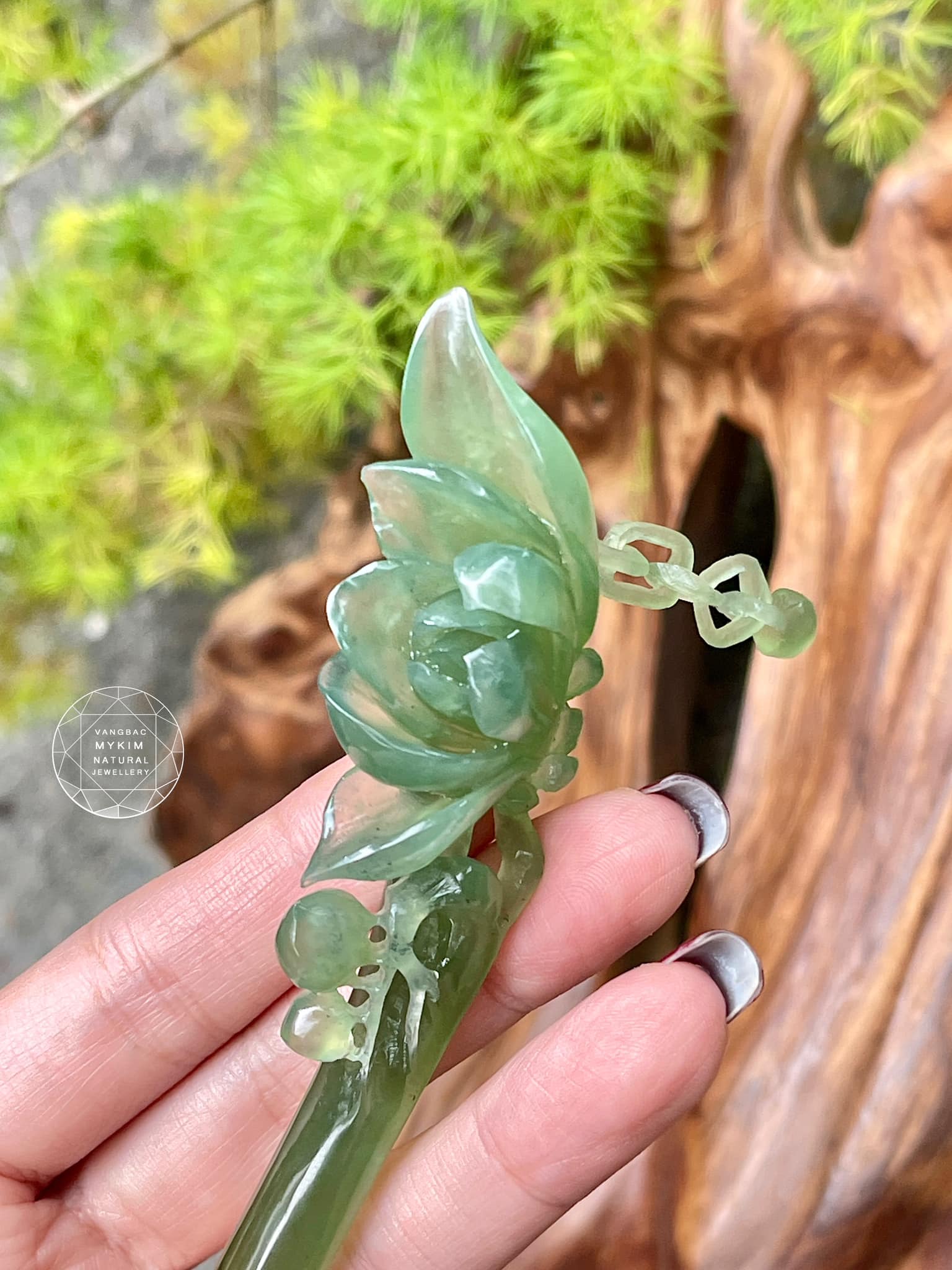 Trâm Cài Tóc Hoa Sen Xanh - Ngọc Serpentine VIP
