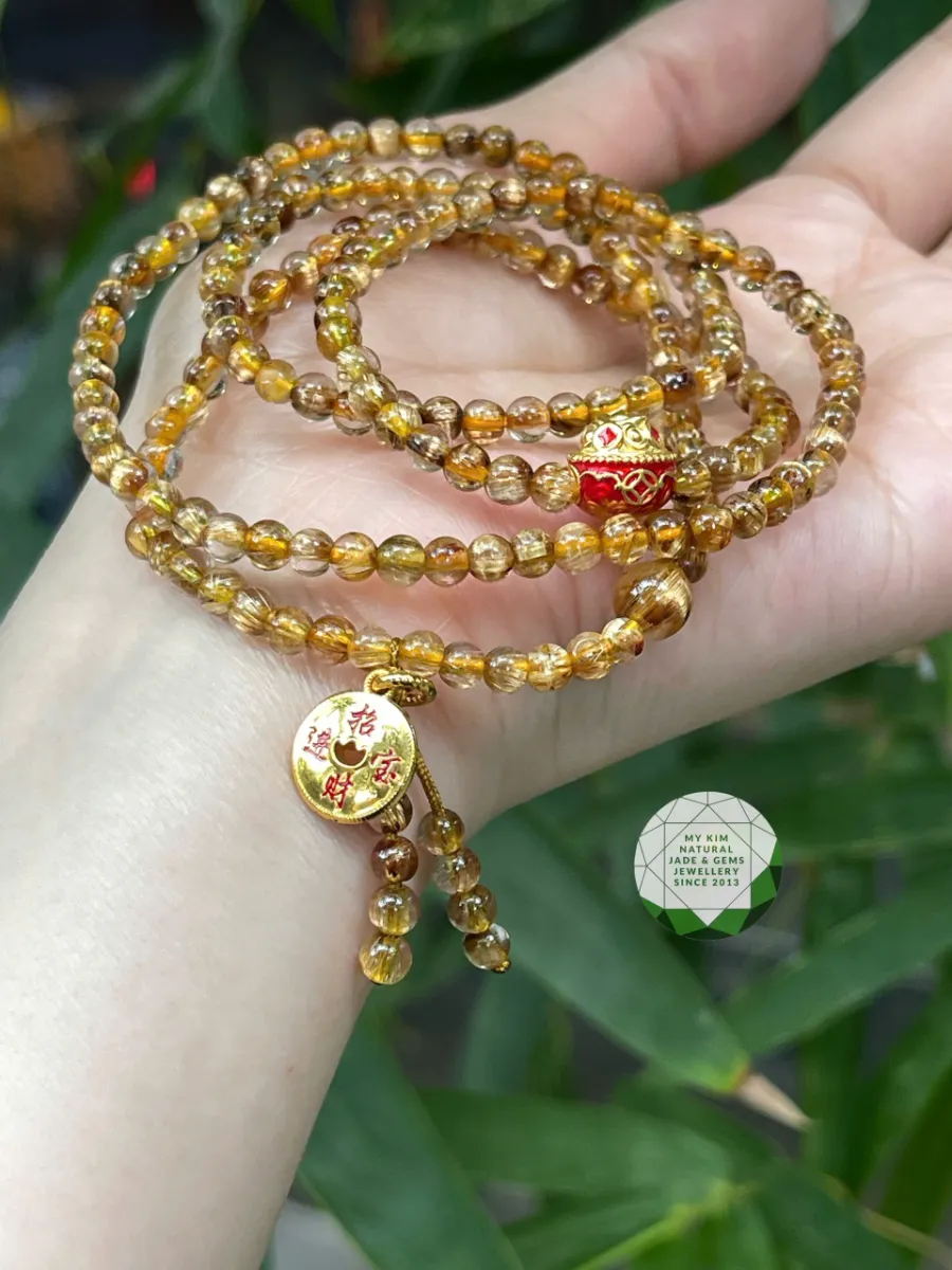 🌟 Vòng Tay Thạch Anh Tóc Nâu Vàng VIP – Charm Vàng Đồng Xu & Hũ Vàng