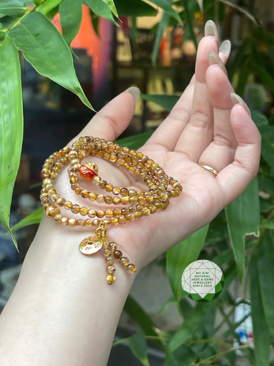 🌟 Vòng Tay Thạch Anh Tóc Nâu Vàng VIP – Charm Vàng Đồng Xu & Hũ Vàng