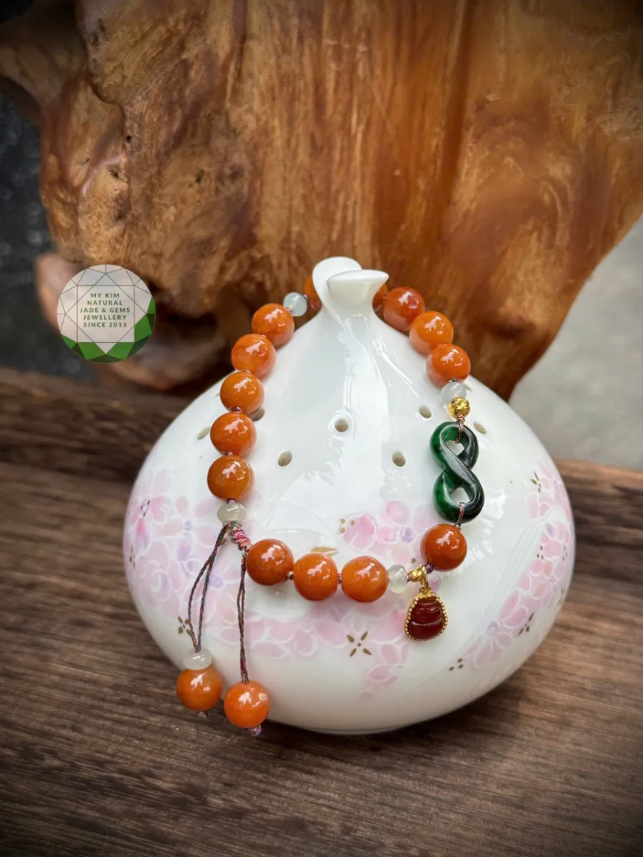 Dây Tết Ngọc Phỉ Thúy Cam Hoàng Huyết – Mix Charm Hồ Lô Jadeite Đỏ Bọc Vàng 14k, Ý Nguyện Xanh & Băng Ngọc