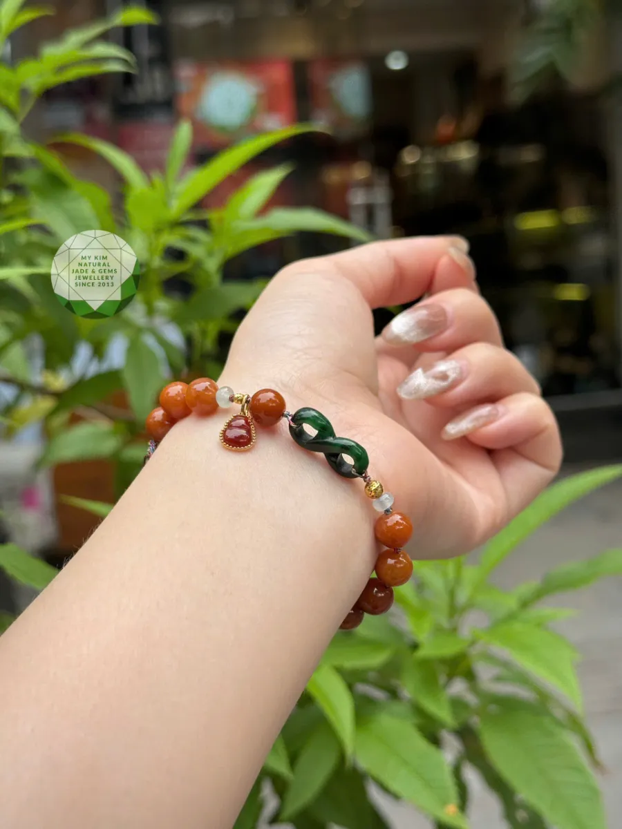 Dây Tết Ngọc Phỉ Thúy Cam Hoàng Huyết – Mix Charm Hồ Lô Jadeite Đỏ Bọc Vàng 14k, Ý Nguyện Xanh & Băng Ngọc