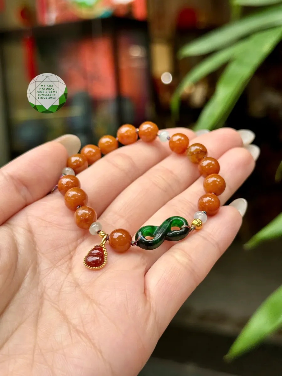 Dây Tết Ngọc Phỉ Thúy Cam Hoàng Huyết – Mix Charm Hồ Lô Jadeite Đỏ Bọc Vàng 14k, Ý Nguyện Xanh & Băng Ngọc