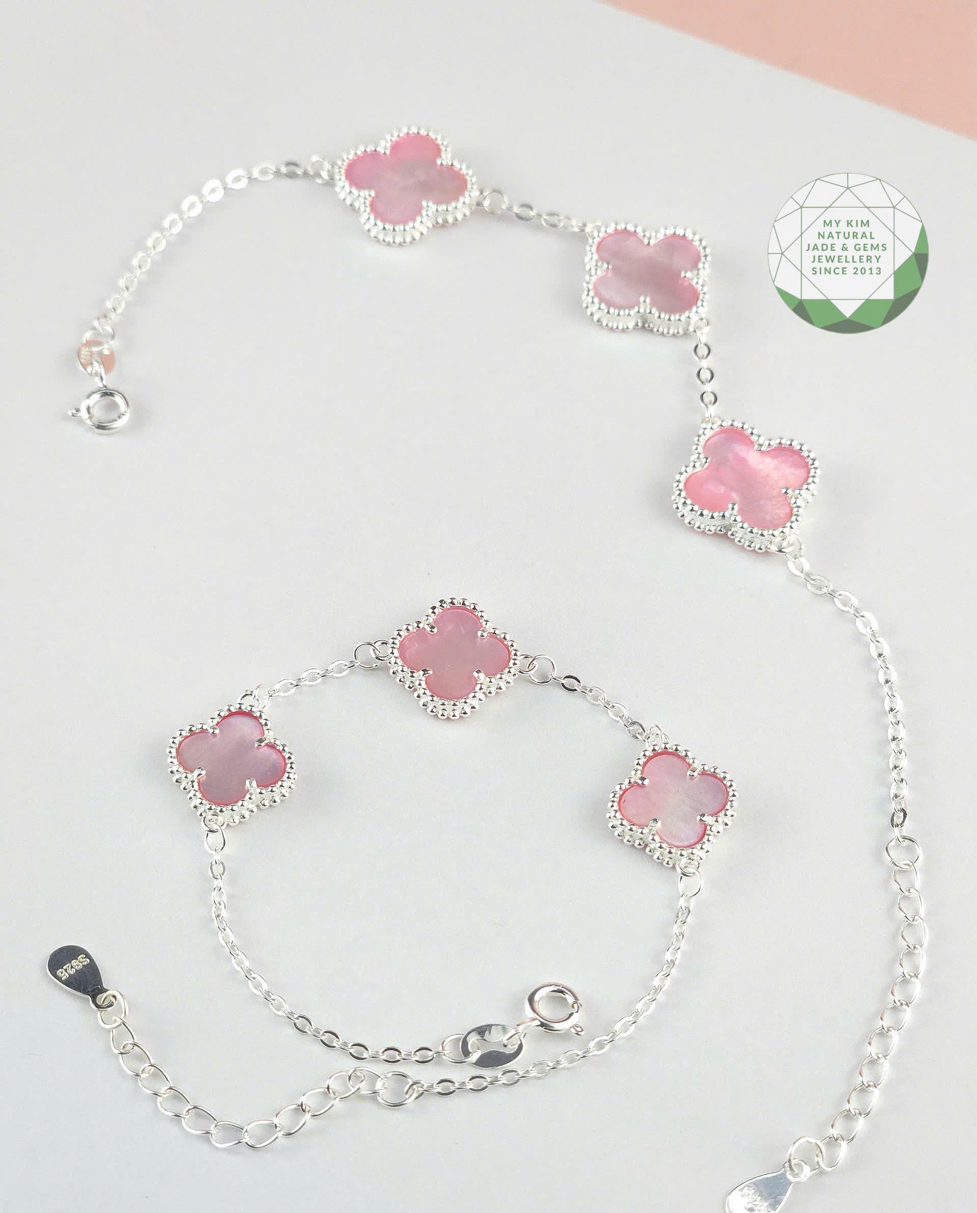 Bộ Trang Sức Dây Chuyền & Lắc Tay Cỏ Bốn Lá Bạc 925 – Xà Cừ Hồng Dịu Dàng, Thanh Nhã