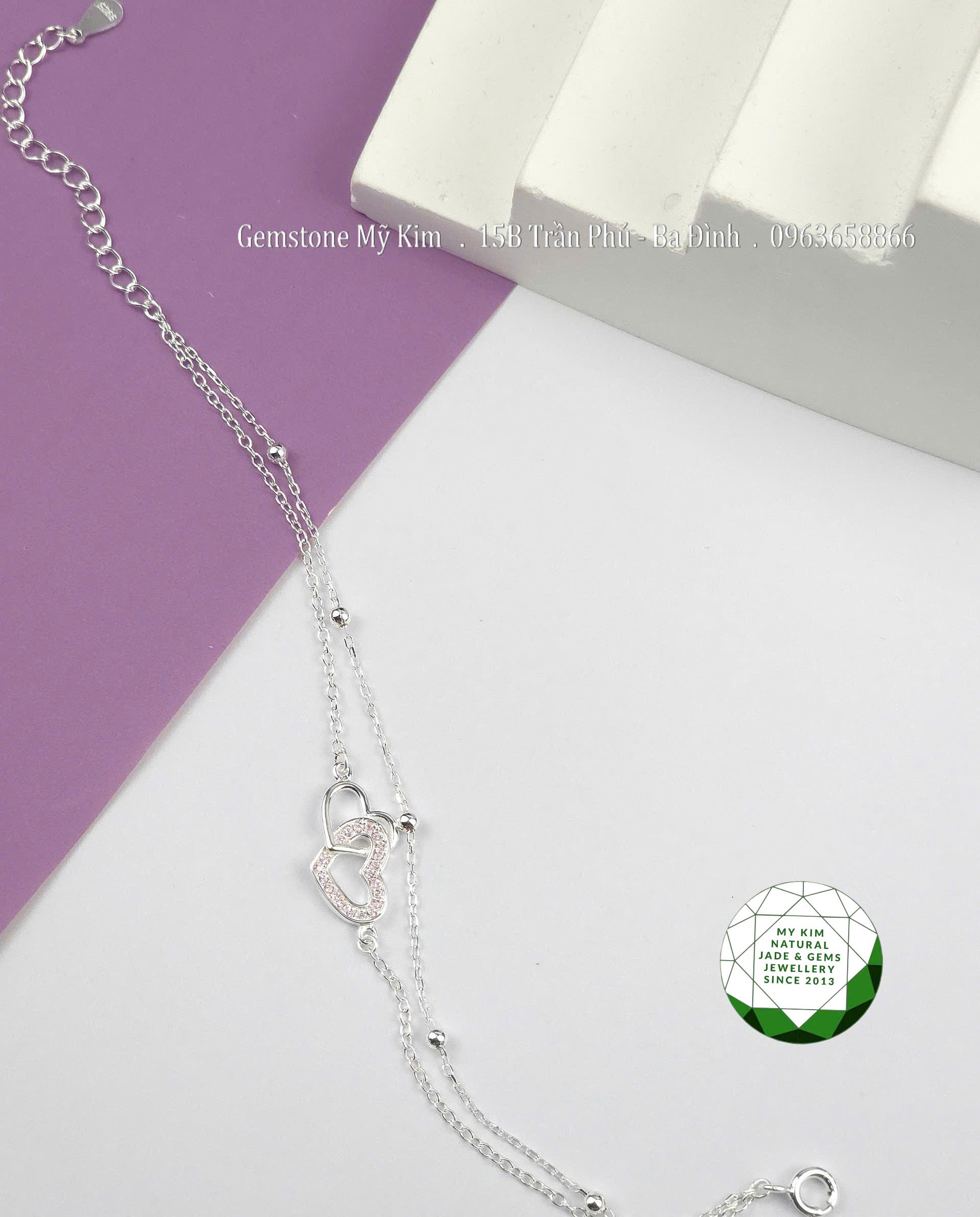 Lắc Tay Bạc 925 Trái Tim – Hai Dây Xích Thanh Mảnh, Đính Bi & Charm Trái Tim Lồng