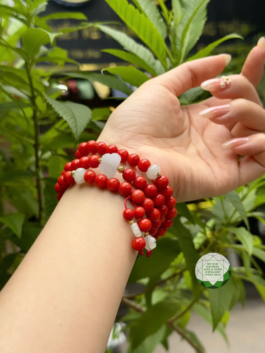 🍁Vòng San Hô Đỏ Cam – Mix Ngọc Phỉ Thúy Trắng | Giao Hòa Giữa Nhiệt Huyết Và Tĩnh Tại