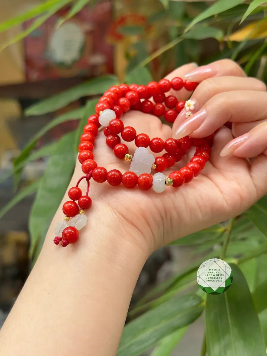 🍁Vòng San Hô Đỏ Cam – Mix Ngọc Phỉ Thúy Trắng | Giao Hòa Giữa Nhiệt Huyết Và Tĩnh Tại