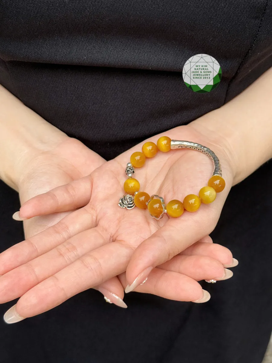 🐯 Vòng Đá Mắt Hổ Vàng Sáng – Mix Charm Bạc 925 | Tỏa Nội Lực, Sáng Tâm Thức