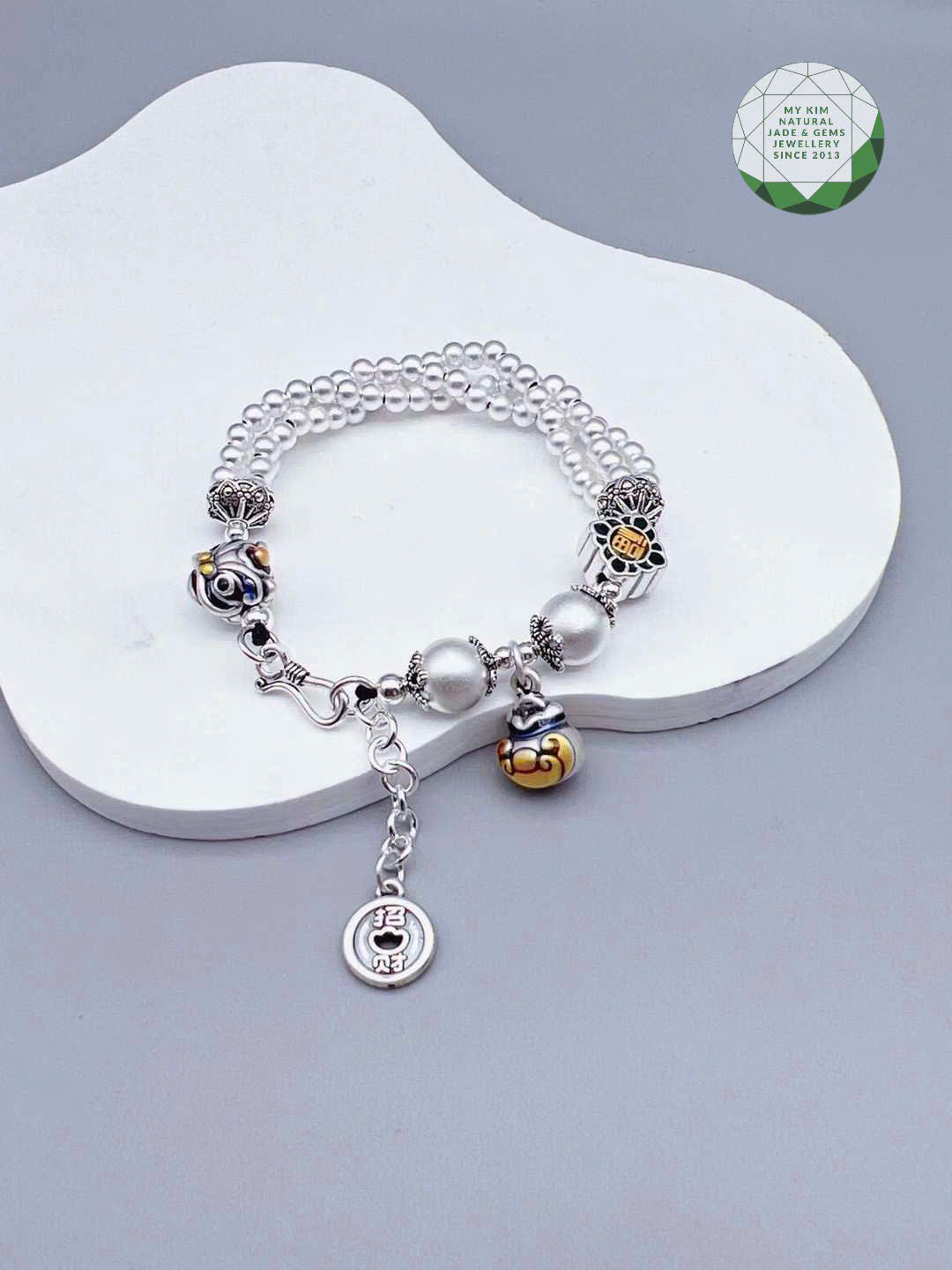 ✨ Lắc Tay Bạc 925 – Charm Pháp Lam Kỳ Lân & Khóa Trường Mệnh | Tượng Trưng Bình An – Hộ Thân & Sung Túc