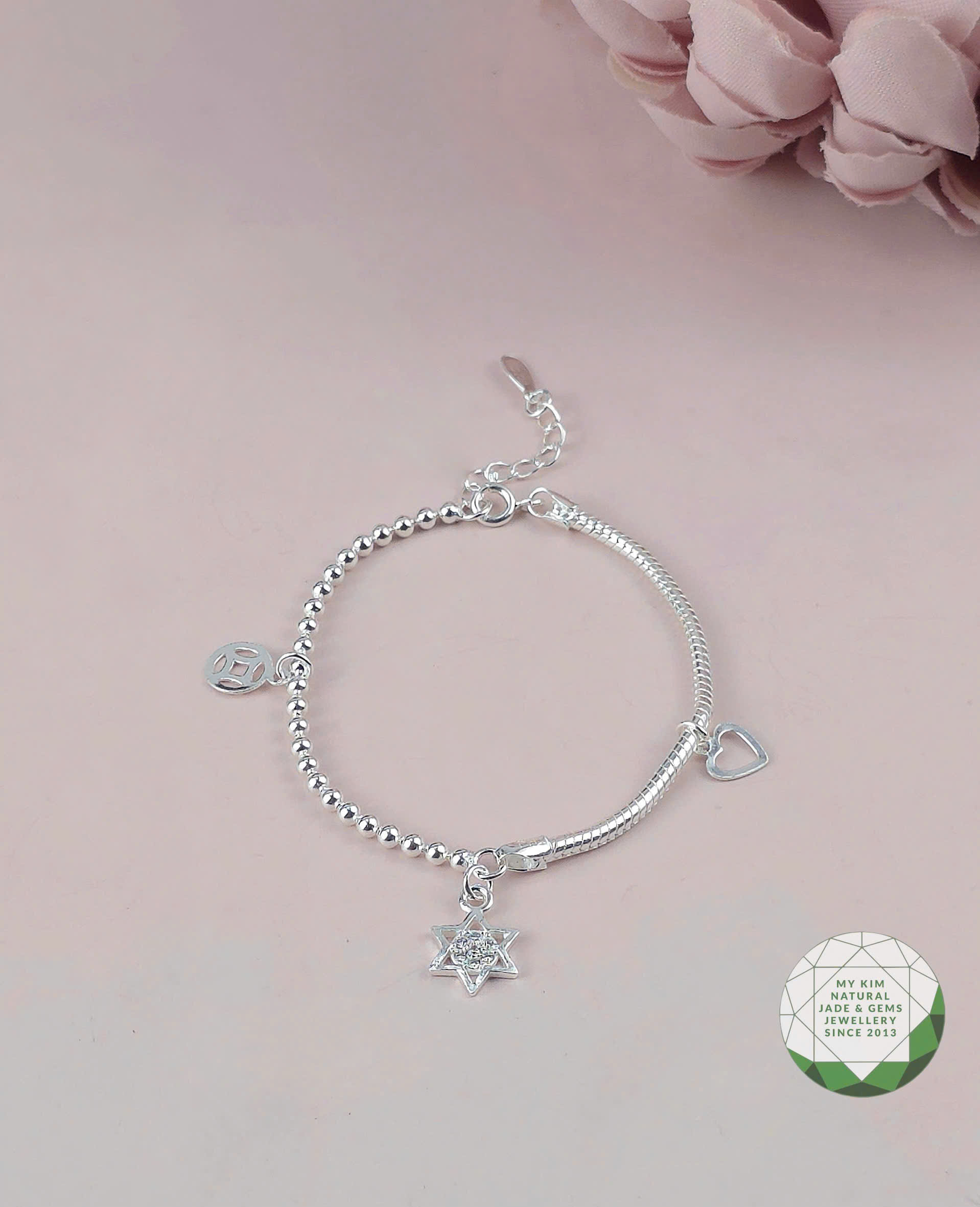 Lắc Tay Bạc 925 Cho Bé Gái – Charm Ngôi Sao & Đồng Xu May Mắn | Thiết Kế An Toàn, Dịu Nhẹ