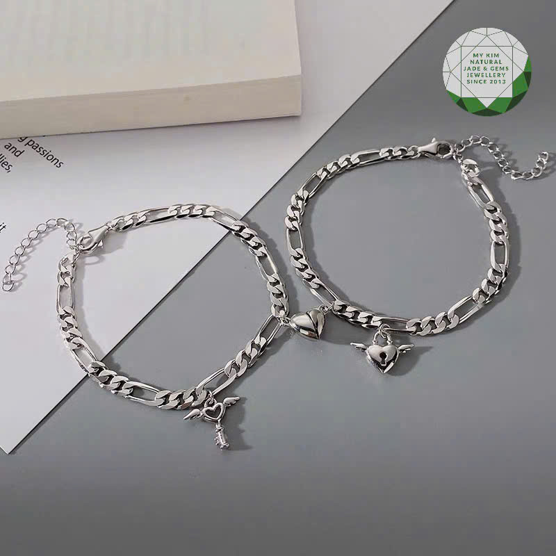 🤍 Lắc Tay Đôi Bạc 925 – Trái Tim Cánh Thiên Thần & Chìa Khóa | Biểu Tượng Gắn Kết Tinh Tế – Yêu Thương Không Lời