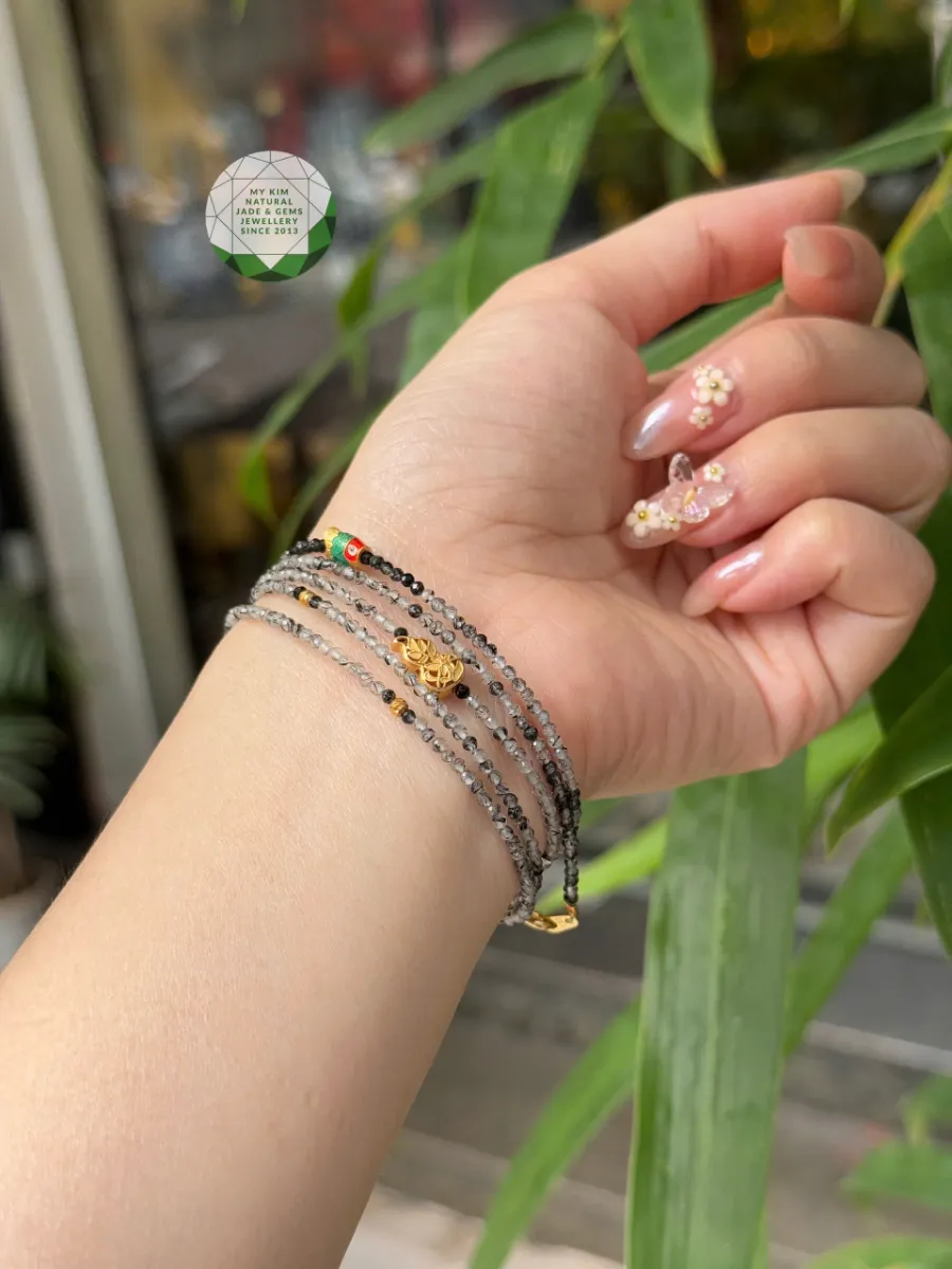 🐟 Vòng Thạch Anh Tóc Đen Bi Phay Mix Charm Cá Chép – Hồ Lô | Bi Vàng 10K Nhỏ