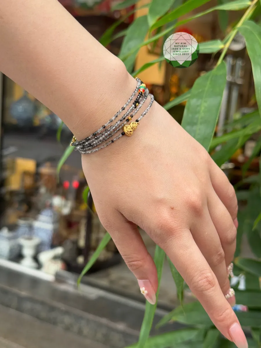 🐟 Vòng Thạch Anh Tóc Đen Bi Phay Mix Charm Cá Chép – Hồ Lô | Bi Vàng 10K Nhỏ