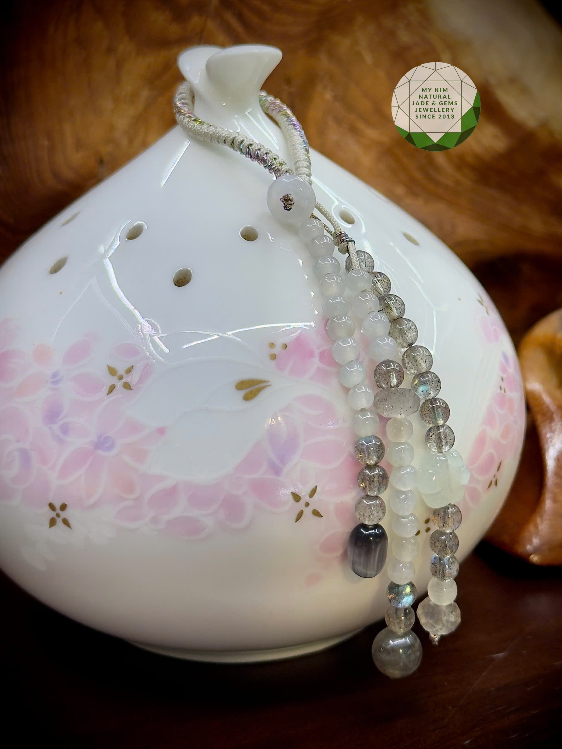 🌿 Dây Treo Túi – Băng Ngọc Phỉ Thúy Mix Mặt Trăng Đen