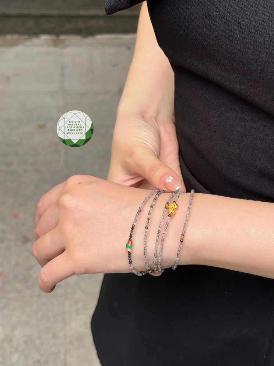 🐟 Vòng Thạch Anh Tóc Đen Bi Phay Mix Charm Cá Chép – Hồ Lô | Bi Vàng 10K Nhỏ