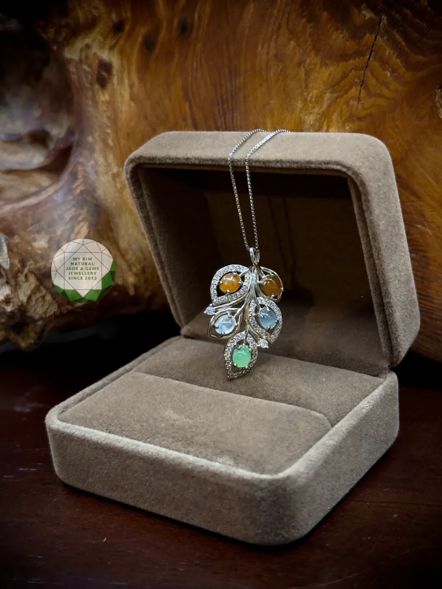 🍃 Dây chuyền Lá Ngọc Phỉ Thúy đa sắc | Bạc si vàng trắng – Thiết kế thanh nhã, ý nghĩa tinh tế