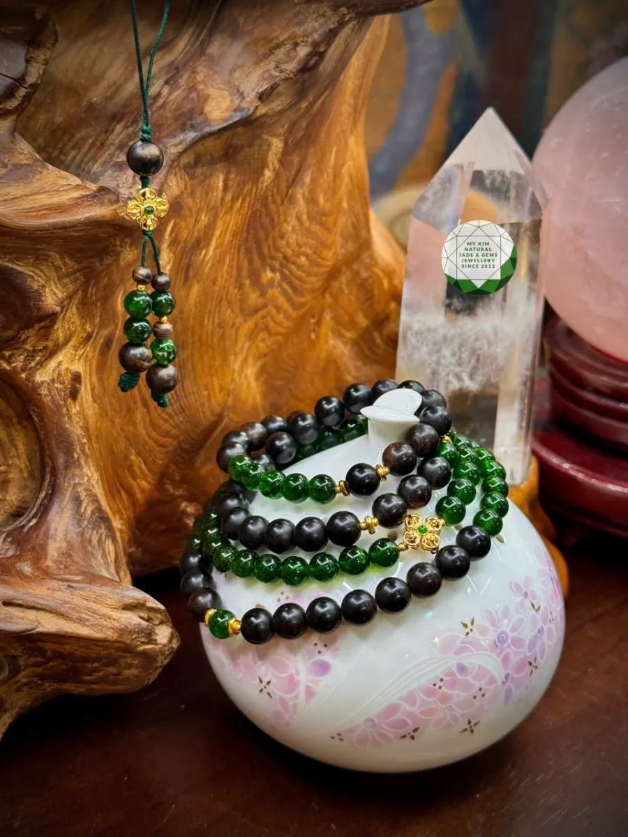 ✨ Vòng Tay Trầm Hương Indo Mix Đá Diopside – Kết Hợp Charm Vàng Kim Cang