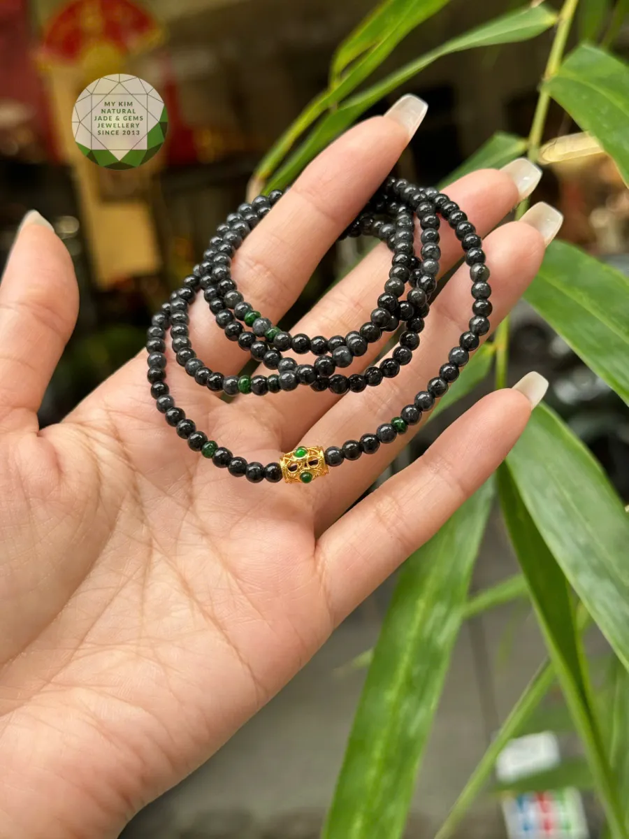 💚 VÒNG NGỌC PHỈ THÚY GÀ ĐEN MIX JADE XANH & LU THỐNG VÀNG